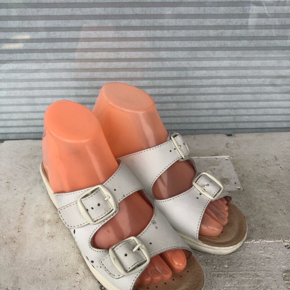 Fly Flot Silvia White Leather Double Strap Slide Sandals Size 37/6.5